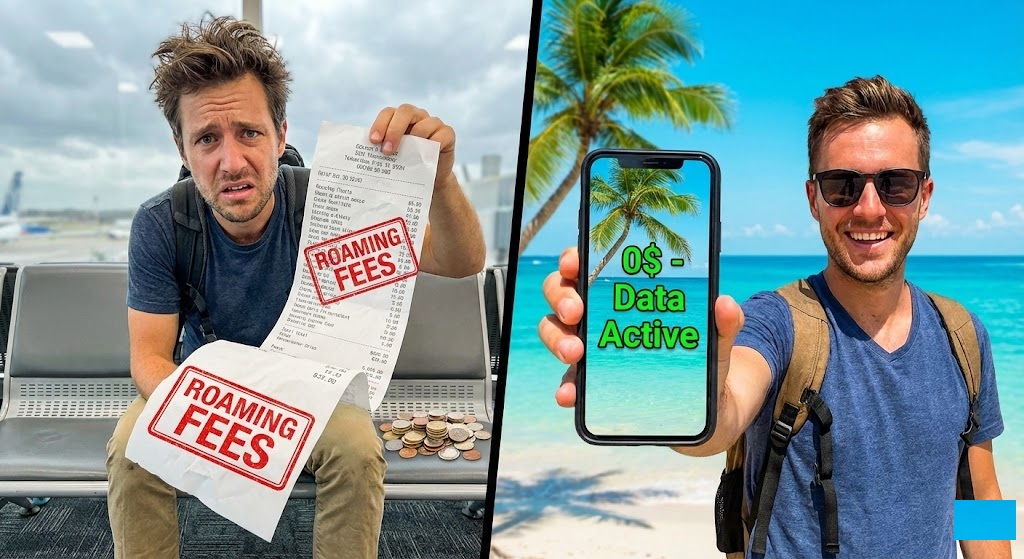 Comparison of expensive roaming fees versus free international eSIM data.