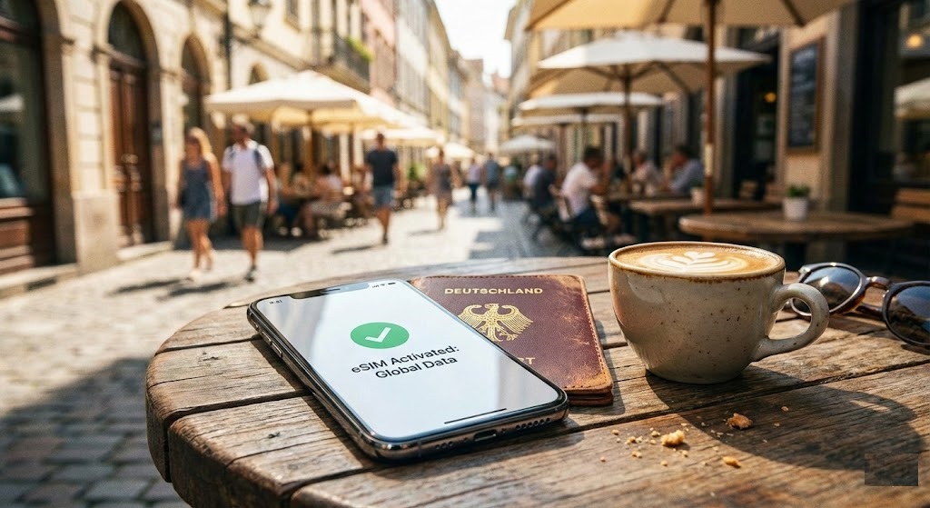 Smartphone displaying activated free eSIM global data plan next to a passport.