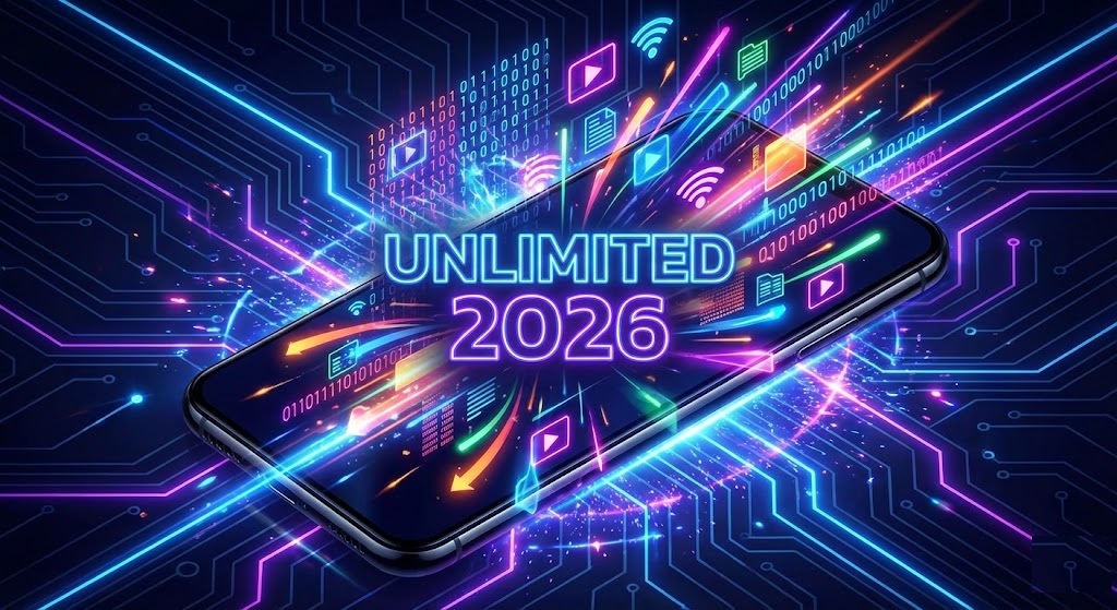 Smartphone displaying free esim unlimited data 2026 active status.