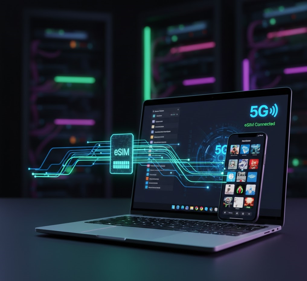 Image showing a laptop and smartphone syncing data via a 5G eSIM connection