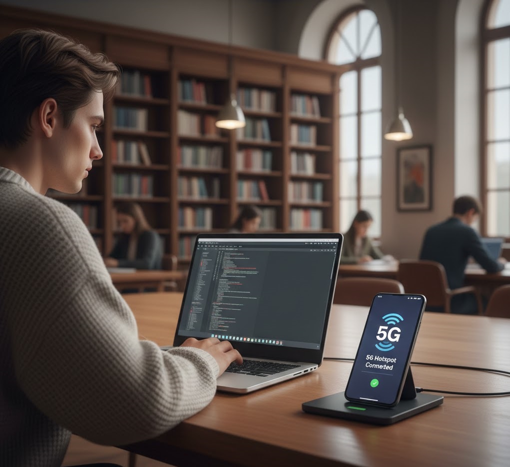 Using a student free eSIM trial for educational research and hotspot tethering.