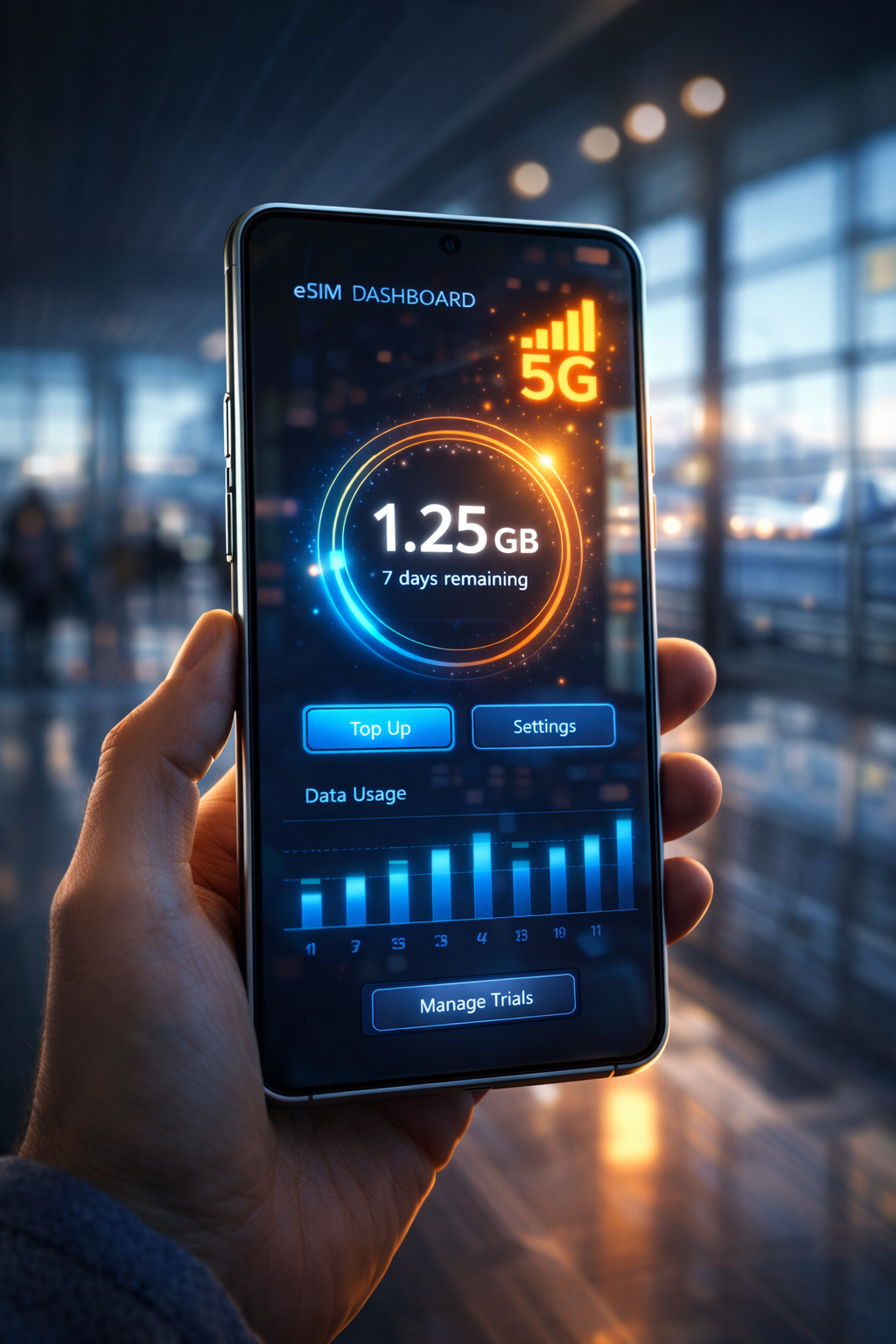 Dashboard showing real-time eSIM data usage tracking on a smartphone.