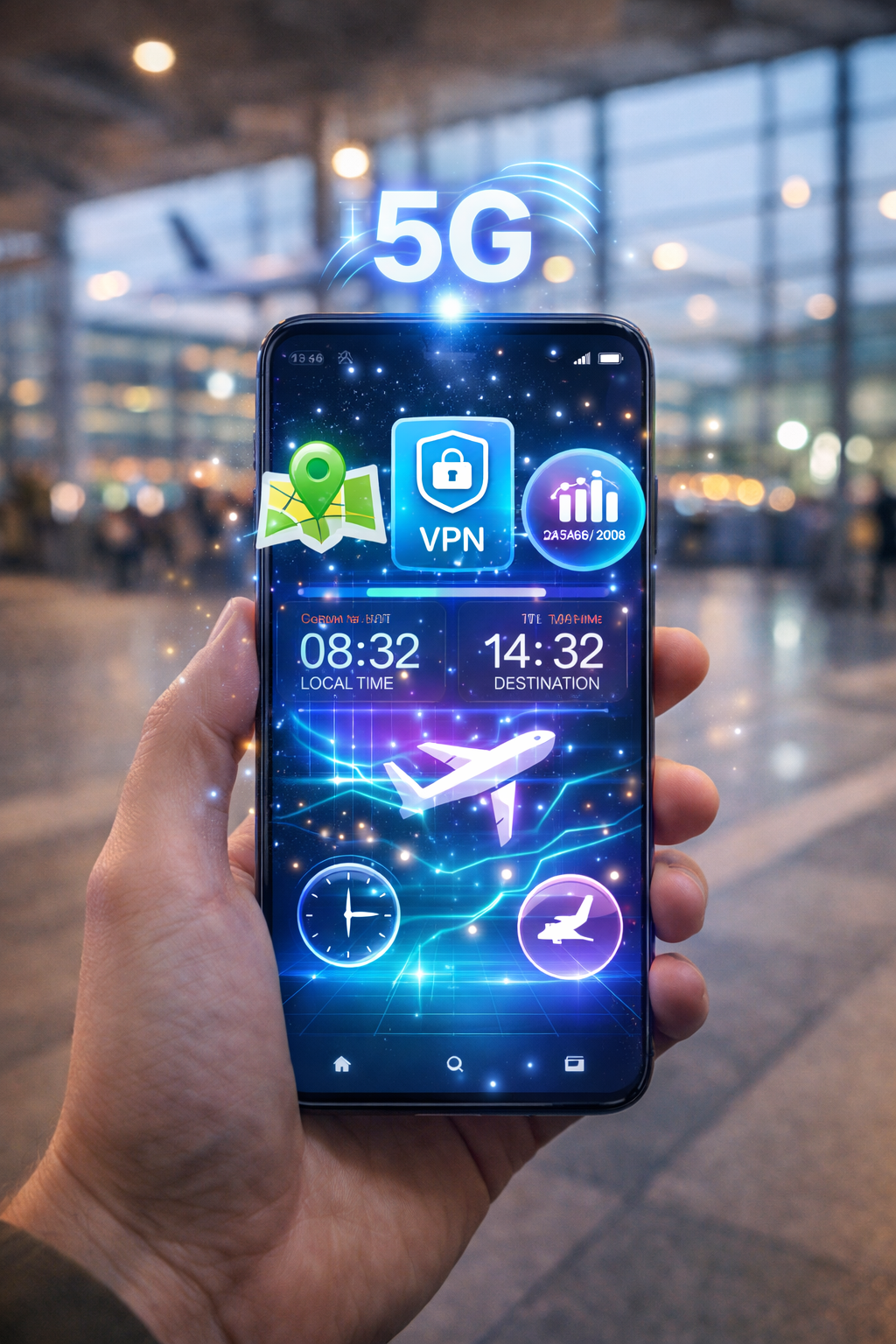 Smartphone showing smart travel apps saving mobile data with free eSIM in airport