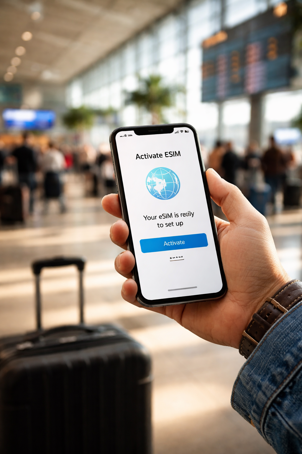 Traveler activating free eSIM trial on smartphone at airport