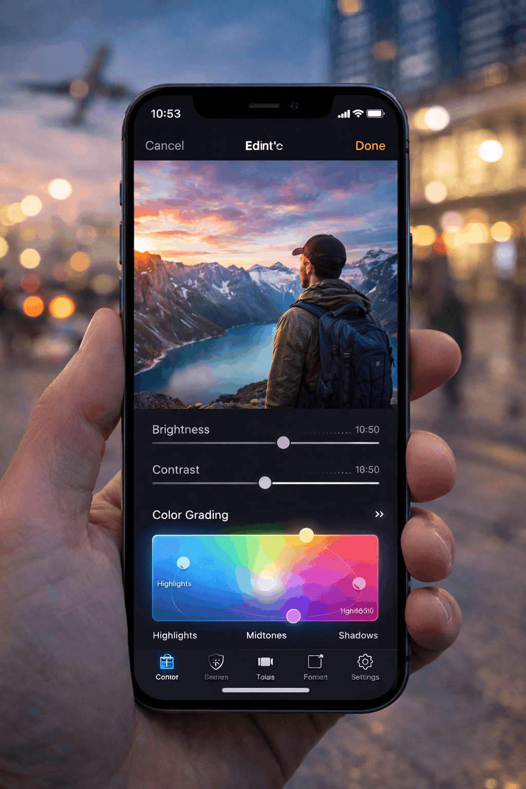 iPhone showing free photo editing app interface with professional tools and travel photo