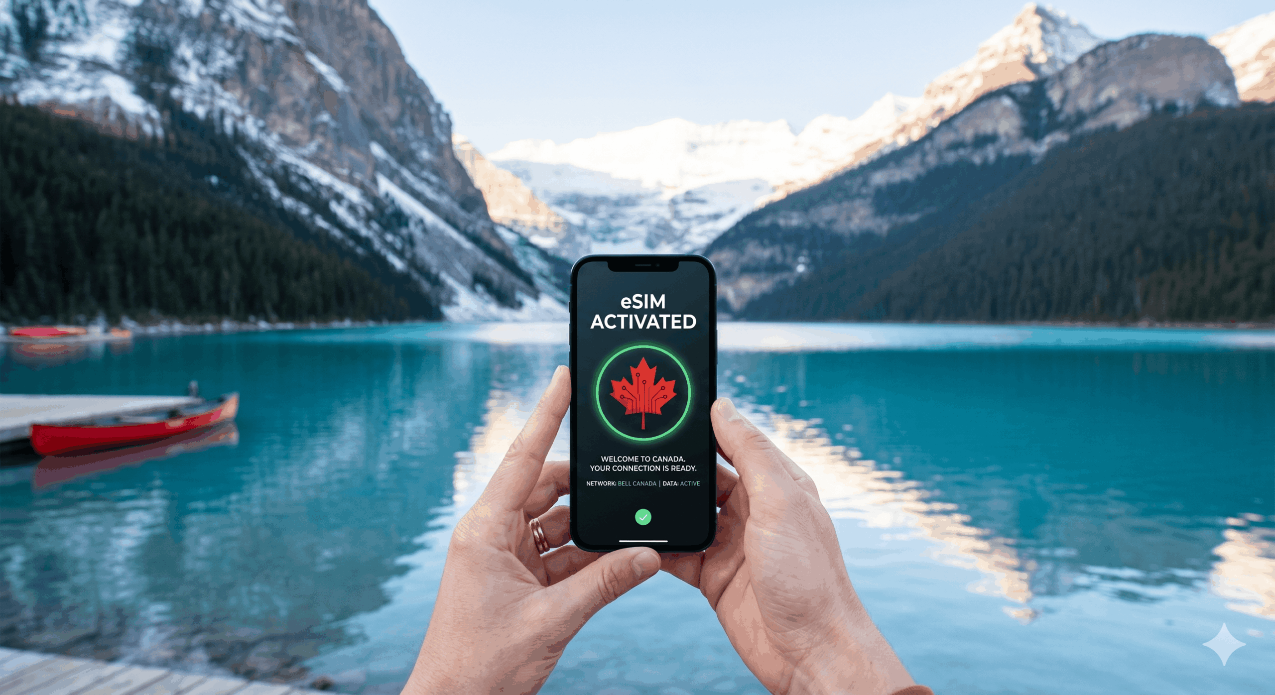 A person activating a free Canada eSIM with a scenic view of Banff National Park in the background.