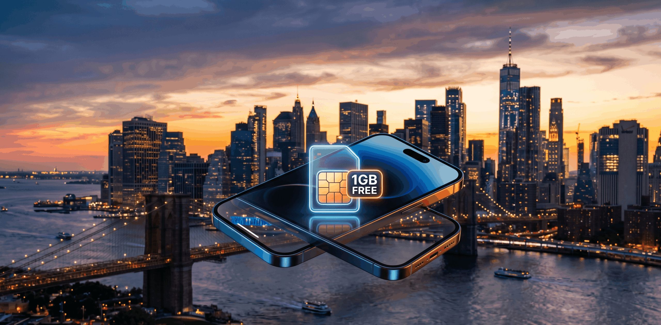 A smartphone showing a free 1GB USA eSIM activation with the NYC skyline in the background.