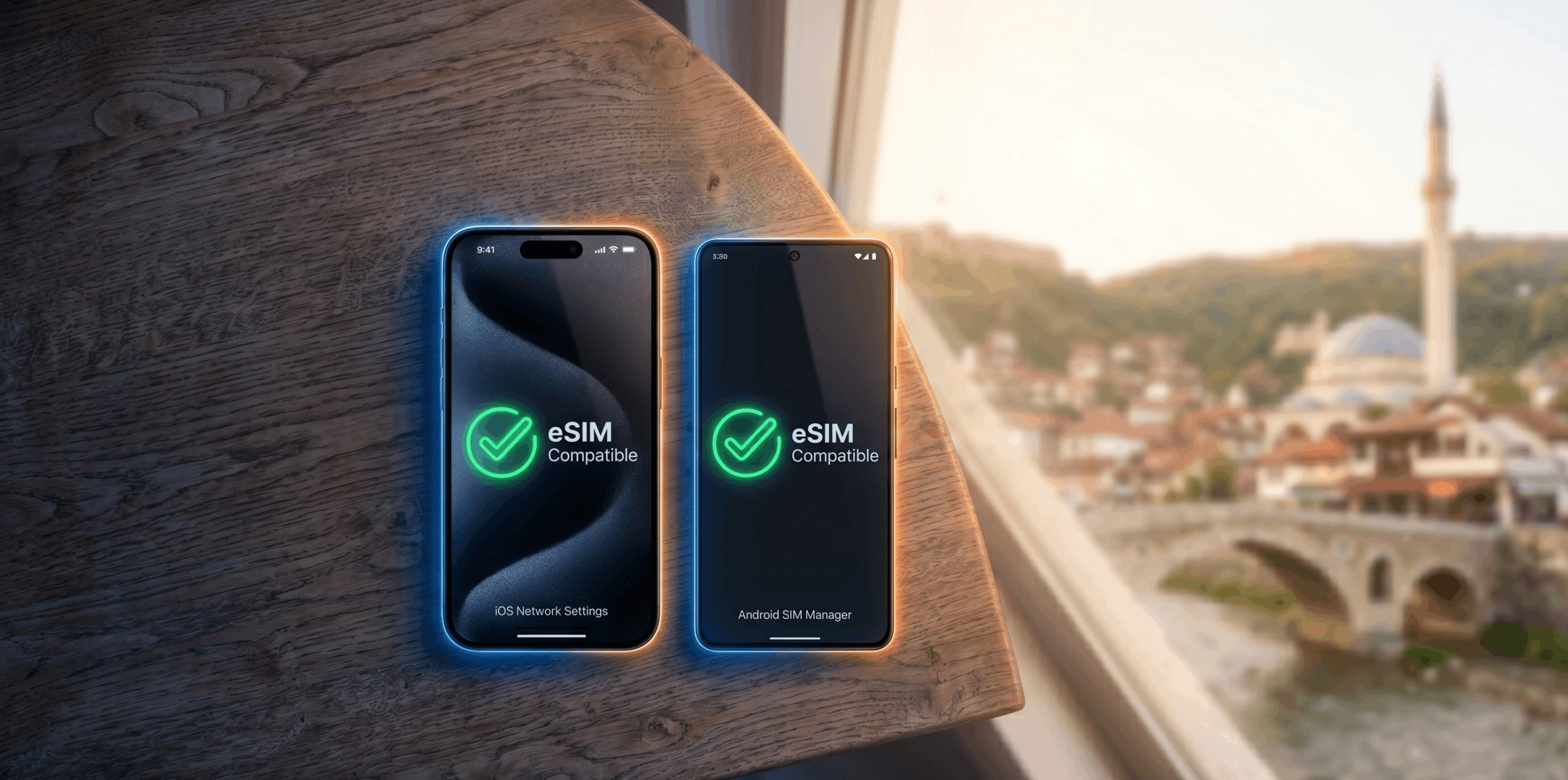 Compatibility comparison for iPhone and Android devices supporting free eSIM.