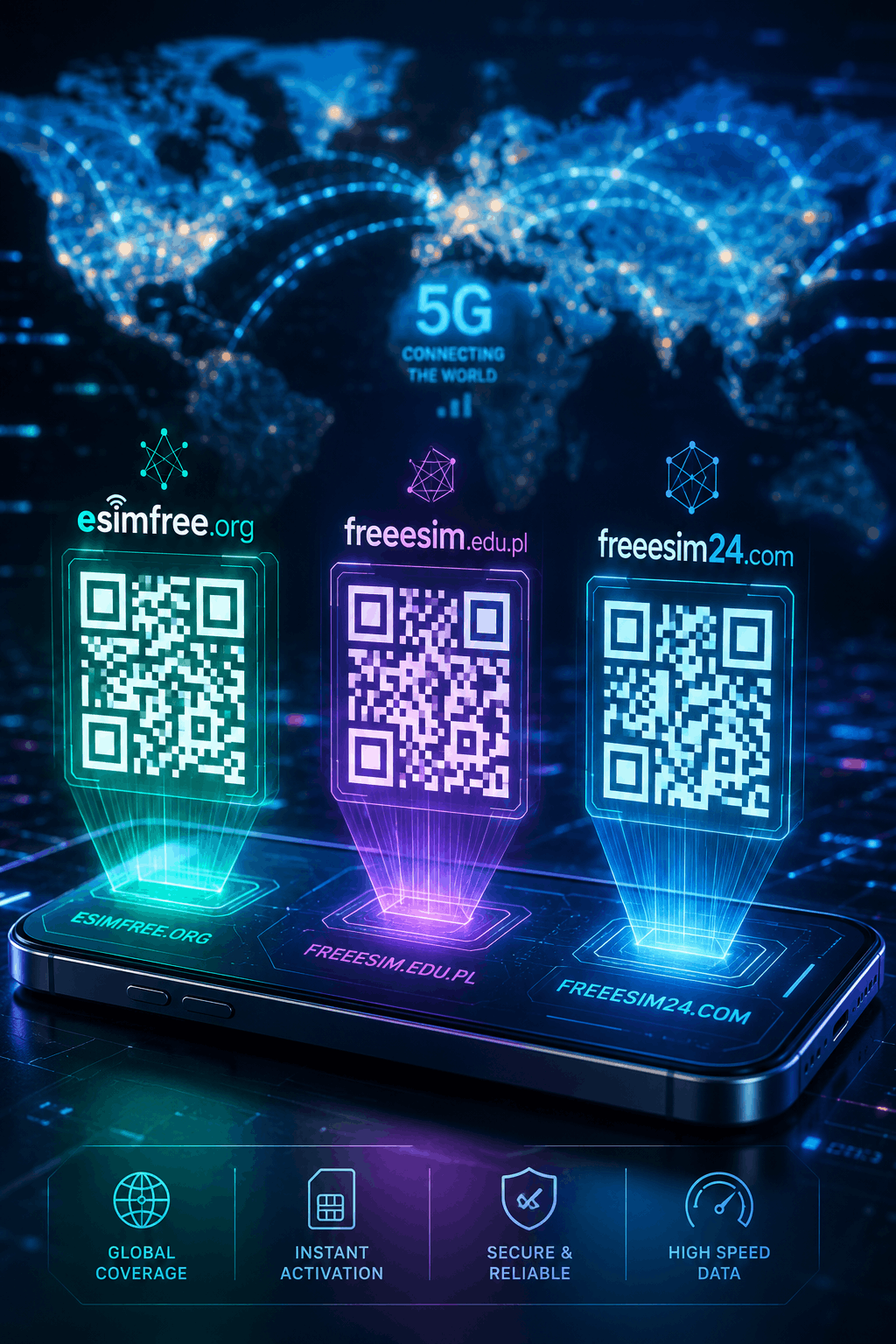 Top 3 best free eSIMs for 2026 featuring esimfree.org, freeesim.edu.pl, and freeesim24.com on a 5G digital network map.